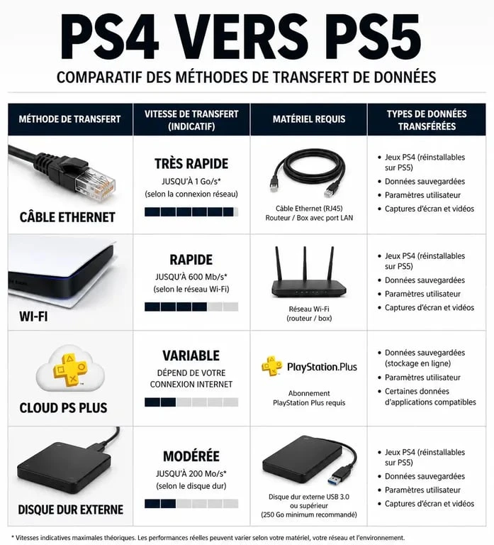 Infographie comparative des méthodes pour transférer ses données de PS4 vers PS5