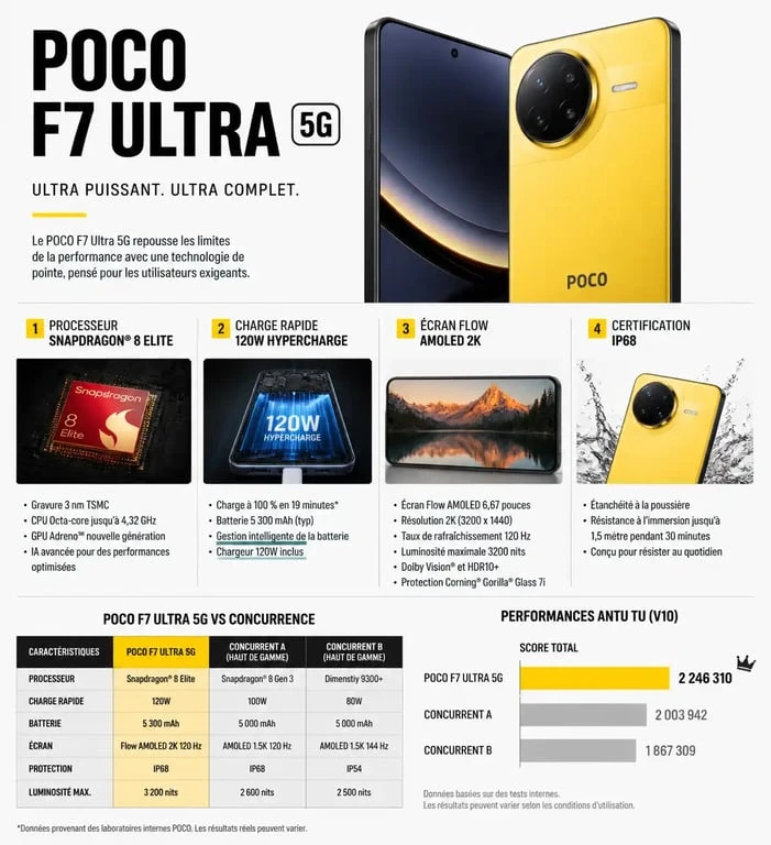 Infographie comparative des caractéristiques techniques du smartphone Xiaomi Poco F7 Ultra 5G
