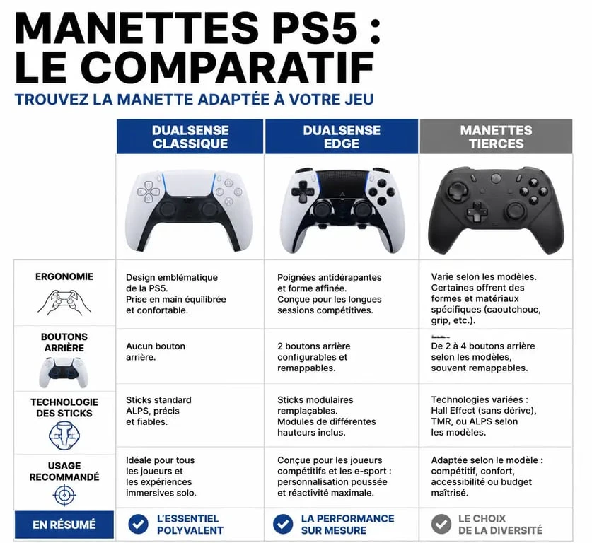 Infographie comparative des meilleures manettes PS5 : DualSense, Edge et modèles tiers