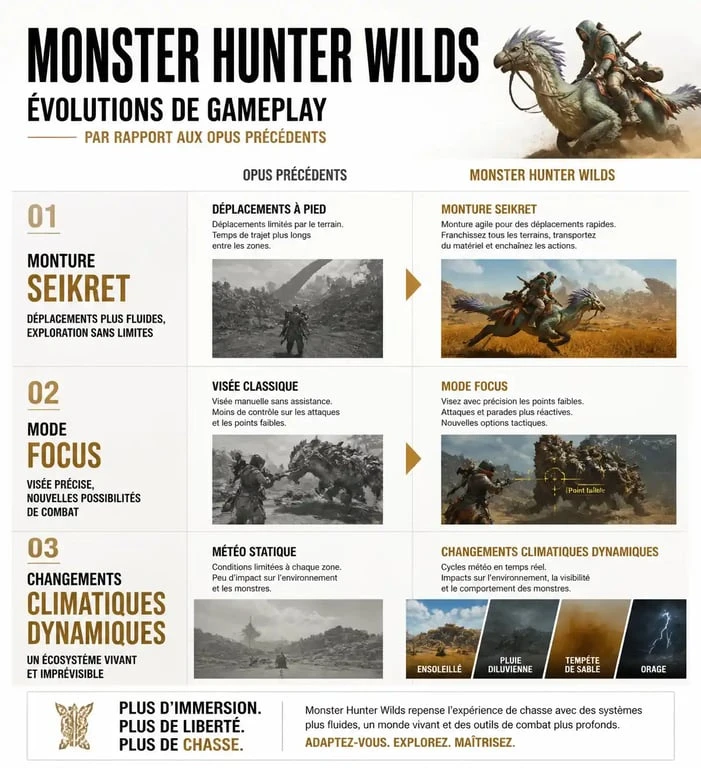 Infographie comparative des fonctionnalités de la bêta de Monster Hunter Wilds