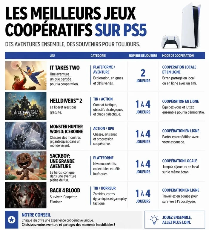Infographie comparative des meilleurs jeux coop PS5 pour choisir son aventure multijoueur.