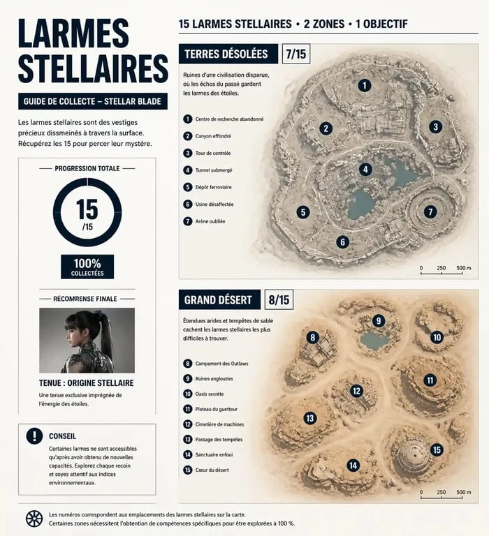 Infographie récapitulative des emplacements des larmes stellaires dans Stellar Blade pour débloquer les tenues NieR Automata.