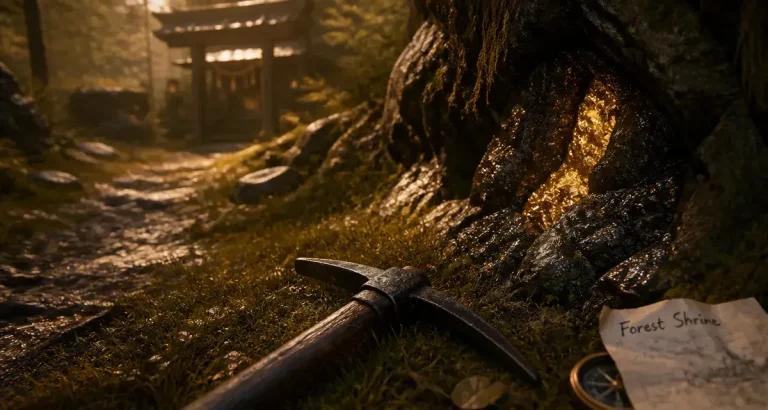 Fantasy Life i filon divin d'or, pioche et filon doré près du Forest Shrine
