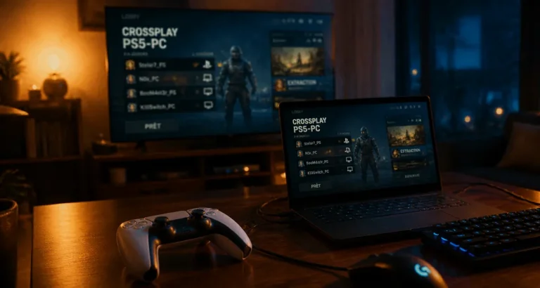 Jeux crossplay PS5 PC : manette PS5 et souris PC sur lobby