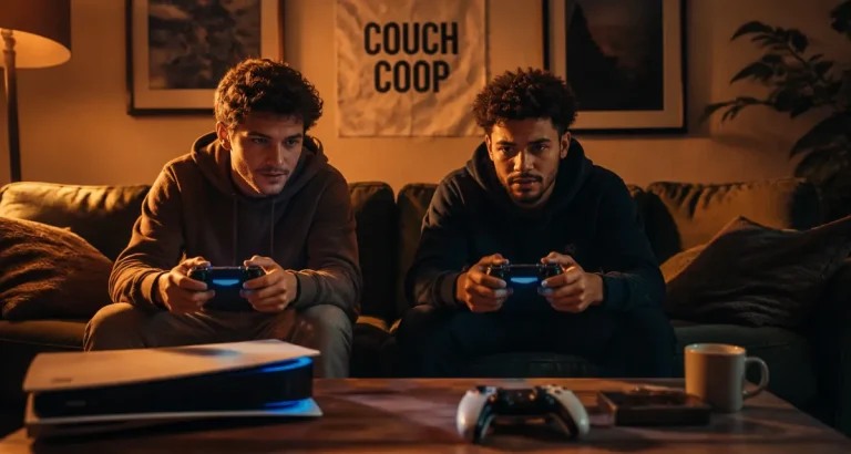 Meilleur jeu coop PS5 : deux joueurs sur canapé avec manettes DualSense