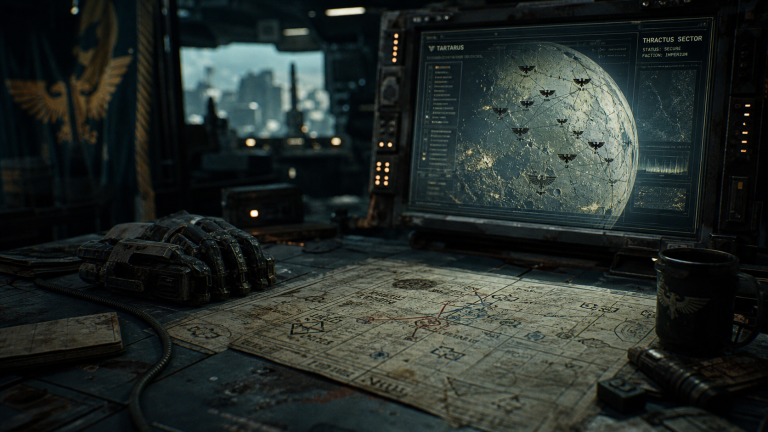 Warhammer dawn war : poste de commandement en ruines sur Tartarus, cartes tactiques et écran de campagne
