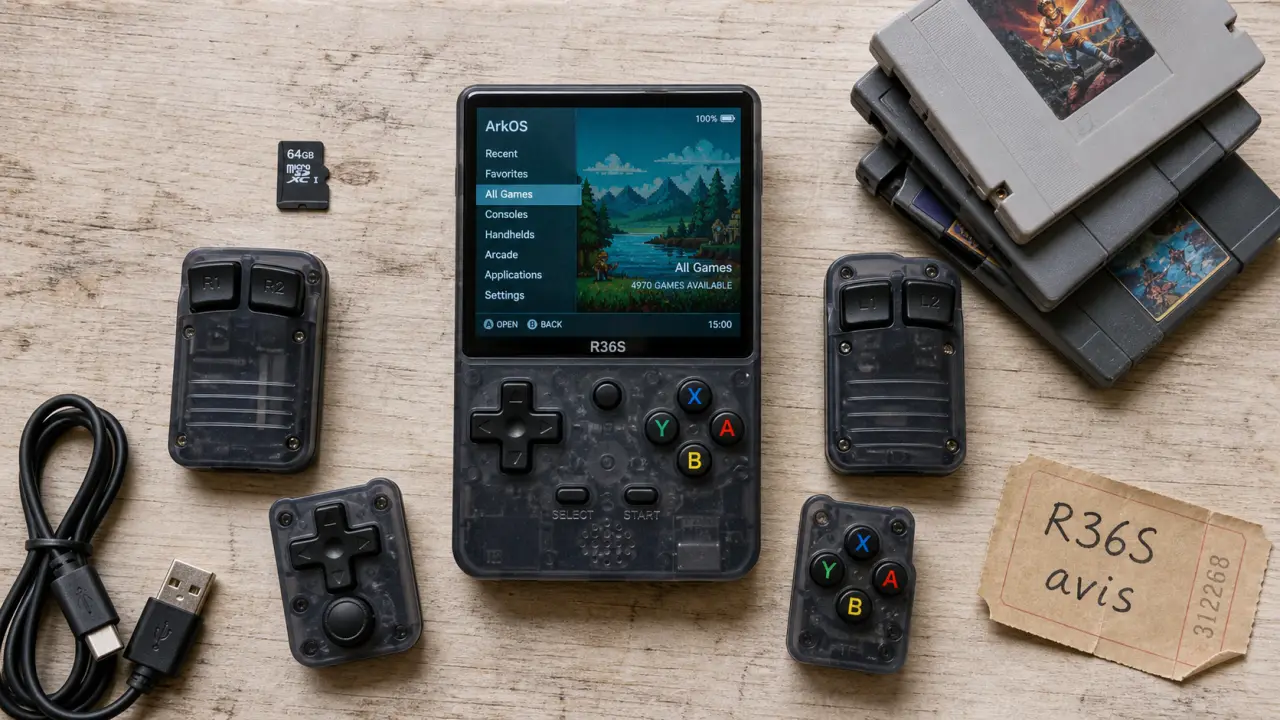 console r36s avis : écran IPS allumé, autonomie 4 à 6 h