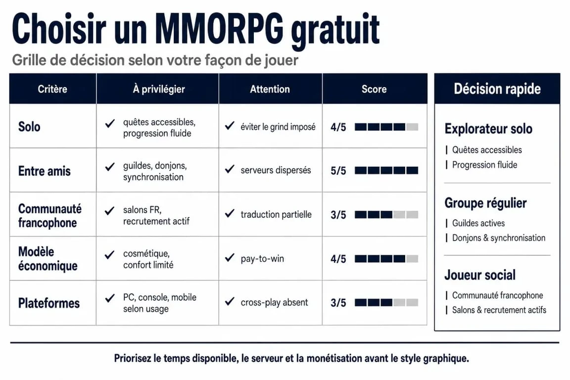 Illustration d’un mmorpg gratuit avec critères de choix solo, amis et communauté francophone