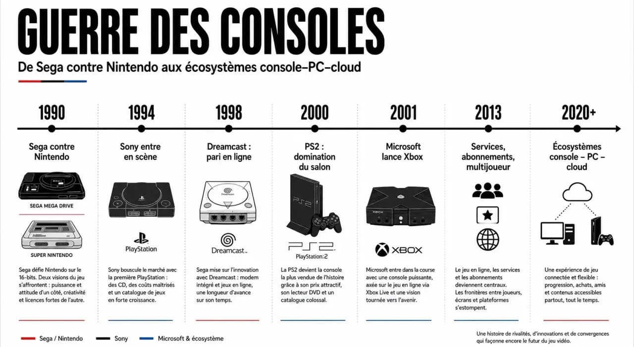 Frise de la guerre des consoles avec Sega, Nintendo, Sony et Microsoft