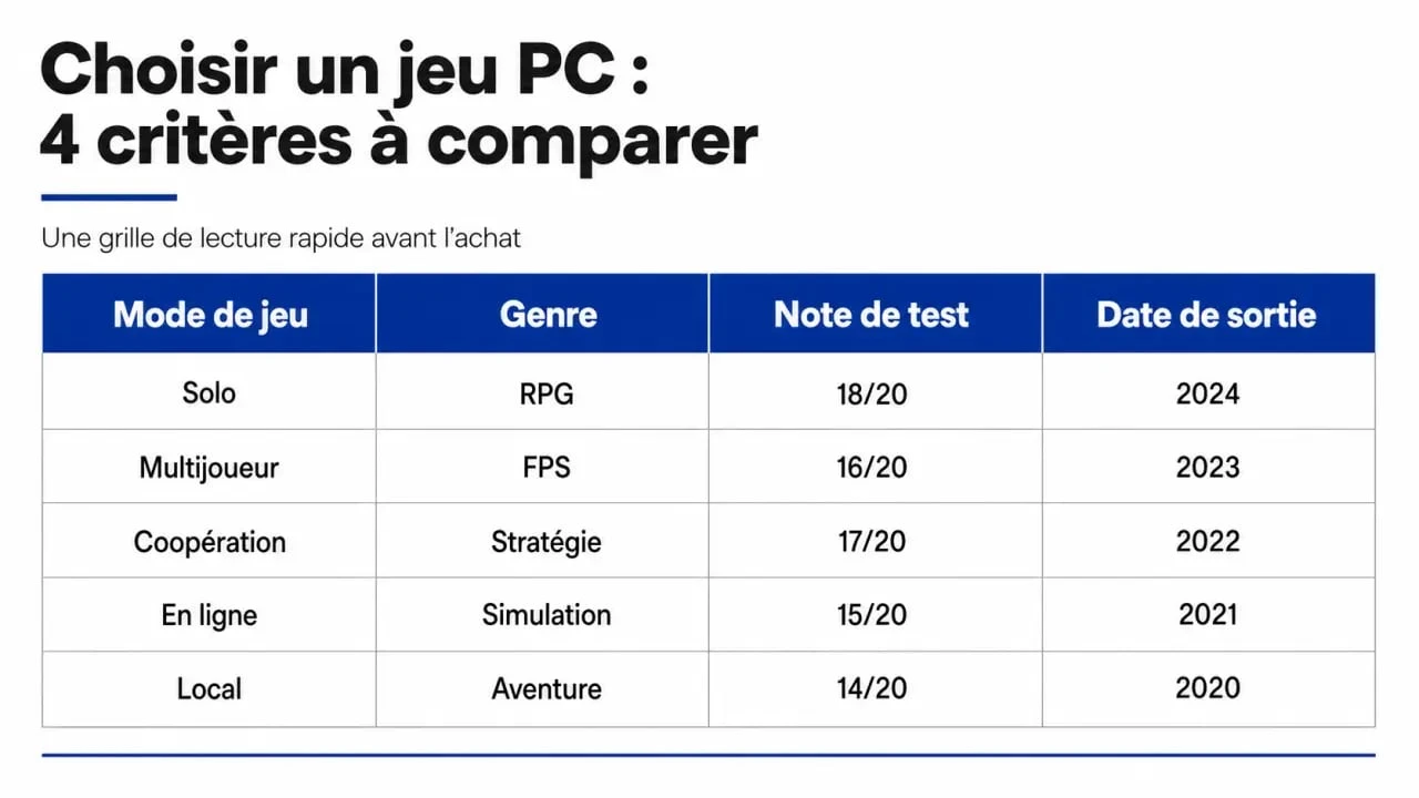 Jeu pc video : tableau comparatif des critères pour choisir un titre PC