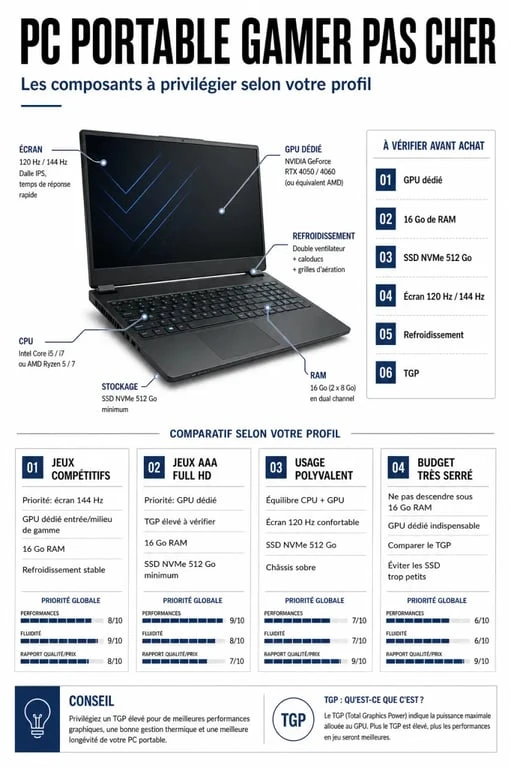 PC portable gamer pas cher : comparaison visuelle des configurations recommandées selon le budget et l’usage