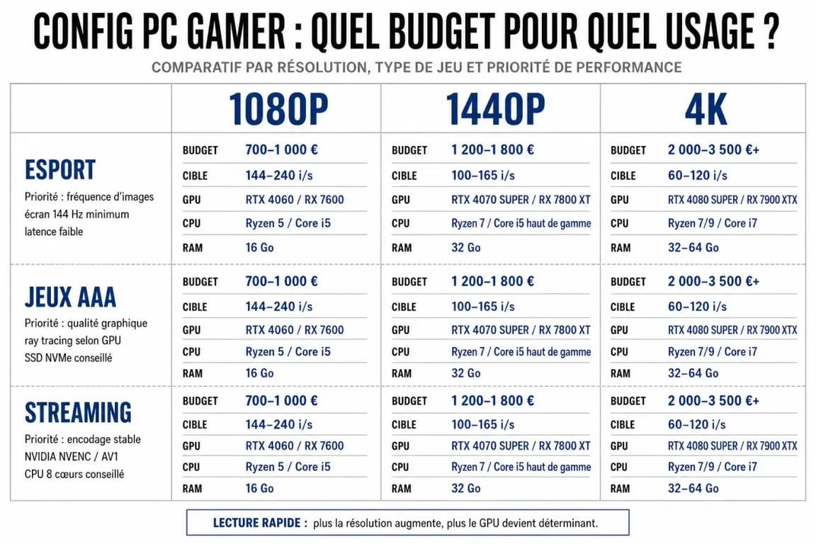 Infographie comparative config PC gamer par budget, résolution et type de jeu