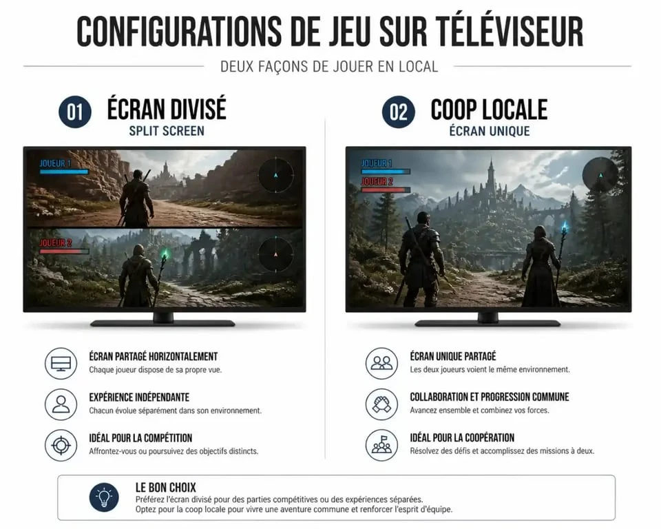Comparaison visuelle entre écran partagé et coop locale pour les jeux PS5 2 joueurs même écran