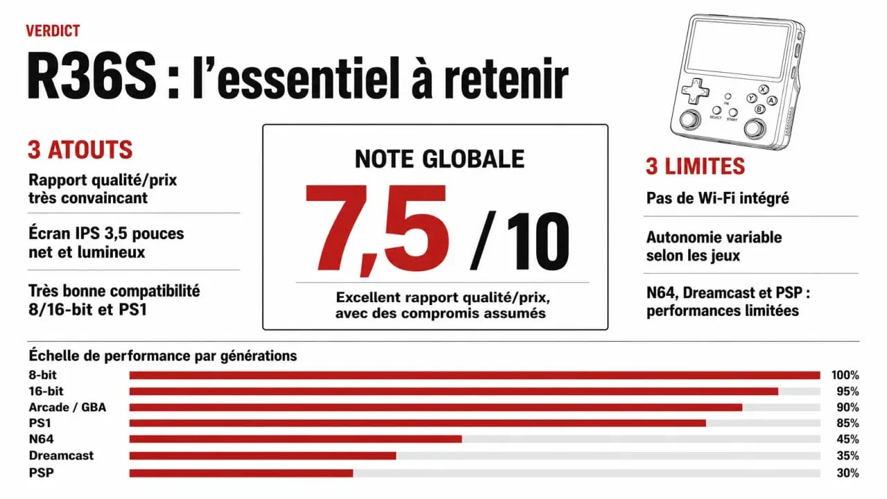 Console r36s avis : infographie du verdict, des atouts, des limites et de la compatibilité des consoles rétro
