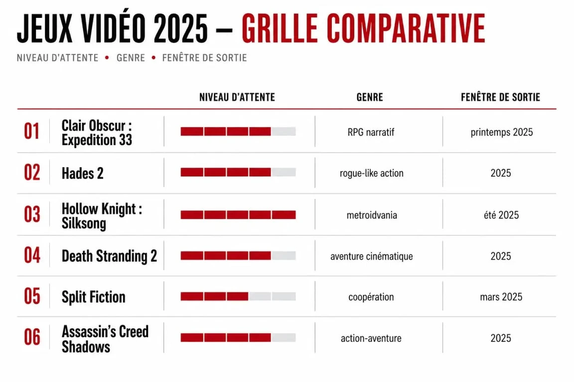 Jeux vidéo 2025 : vue d’ensemble des titres les plus marquants, avec comparaison des genres, de l’attente et des dates de sortie