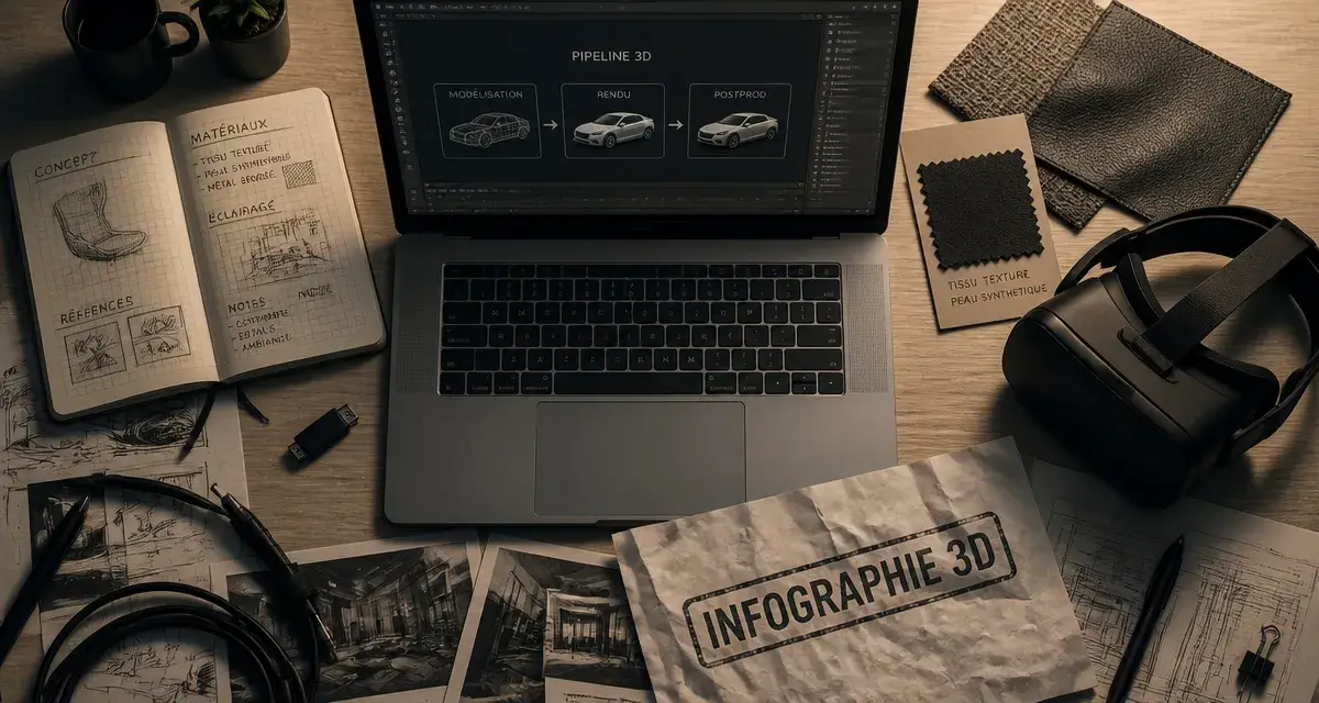 Infographiste 3D : brief, rendu et postprod sur fond de création 3D