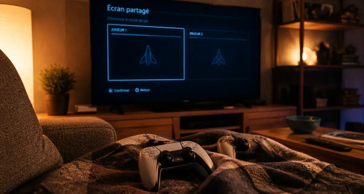 Jeux PS5 2 joueurs même écran : écran partagé sur canapé