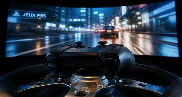 Jeux voiture PS5 : manette DualSense sur volant, piste de course floue