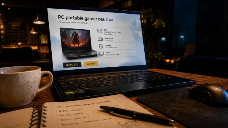 pc portable gamer pas cher RTX 4050, 16 Go RAM, 144 Hz dans un café
