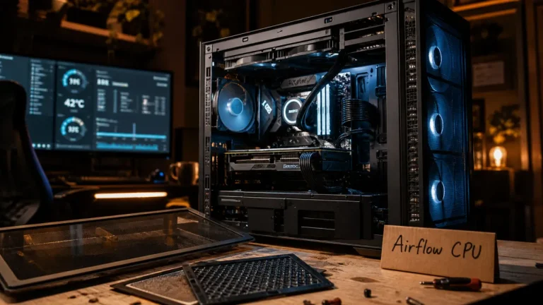 Tour PC gaming ouverte : airflow CPU et filtres anti-poussière, RGB discret, silence