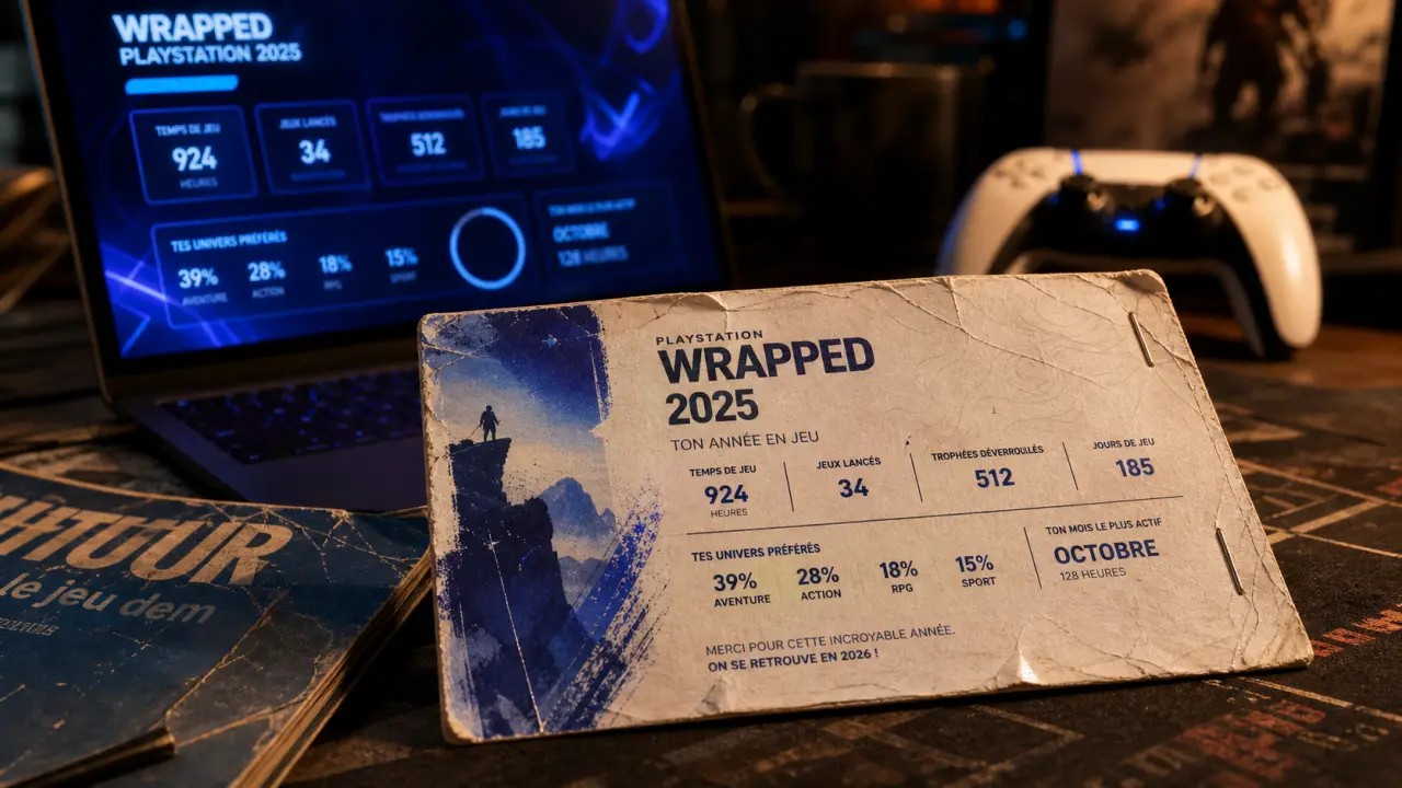Wrapped PlayStation 2025 sur laptop et manette DualSense