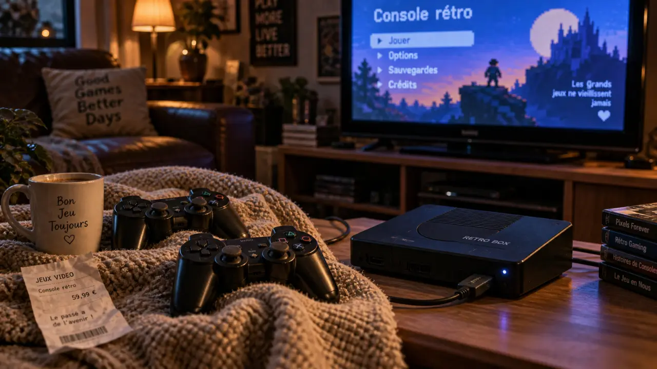 Console retro gamers : console de salon retro avec TV et menu pixelisé