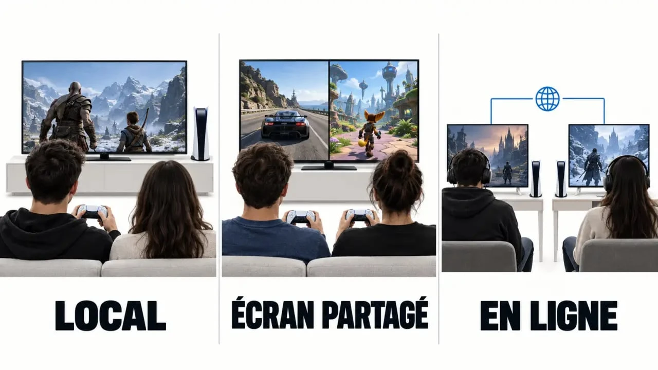 Infographie des modes de jeu à 2 sur PS5 : local, écran partagé et coopération en ligne