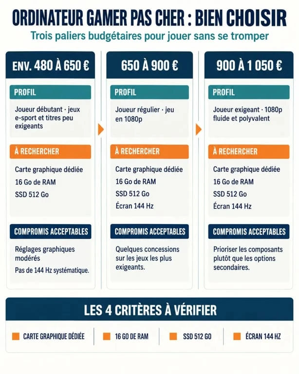 Infographie pour choisir un ordinateur pas cher pour gamer selon le budget et la configuration