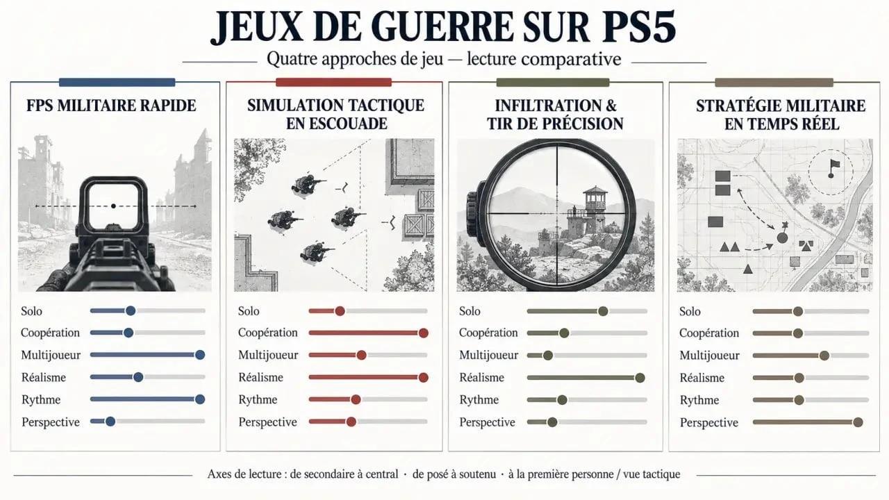 Infographie comparative des jeux de guerre PS5 selon le genre, le réalisme et les modes de jeu