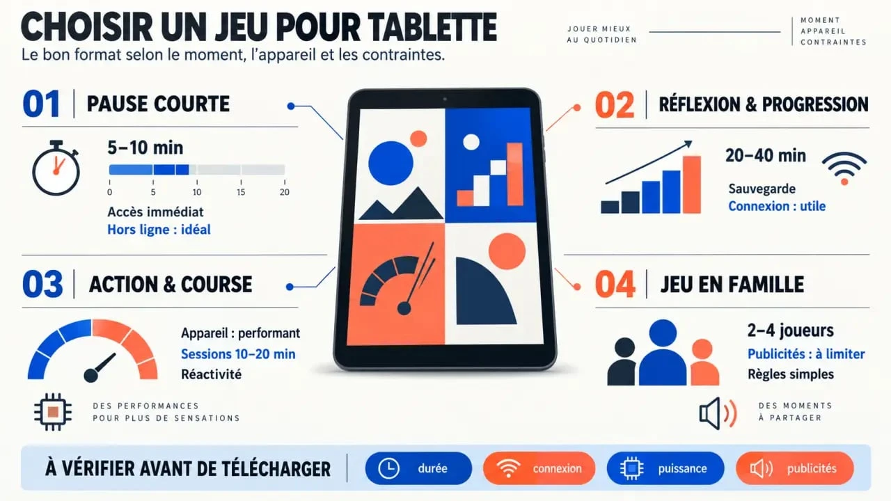Jeux pour tablette classés selon le genre, la durée de session et la connexion