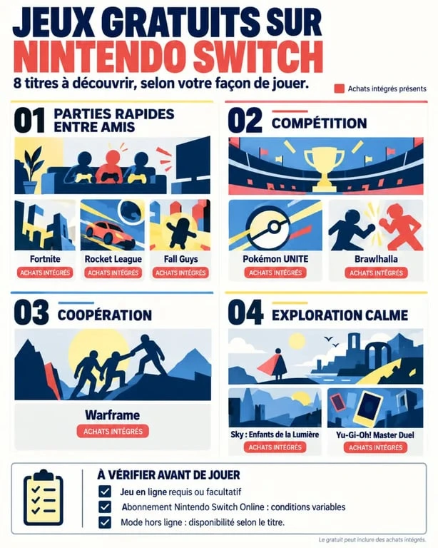 Jeux gratuits sur Nintendo Switch classés par genre et achats intégrés