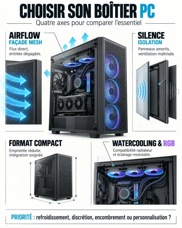 Infographie pour choisir le meilleur boitier pc selon airflow, silence, format et watercooling