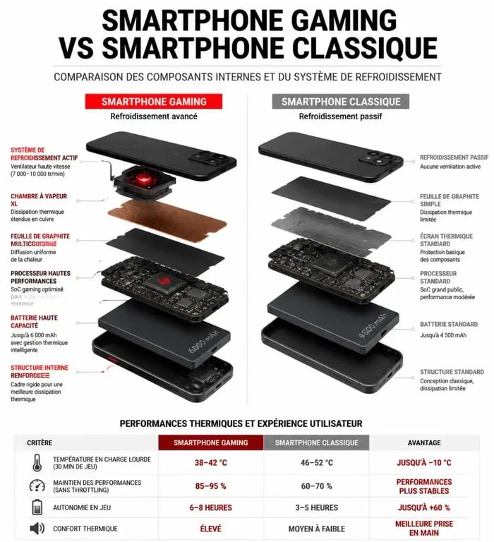 Comparaison technique entre smartphone gaming et smartphone classique pour le choix d'un telephone jeux