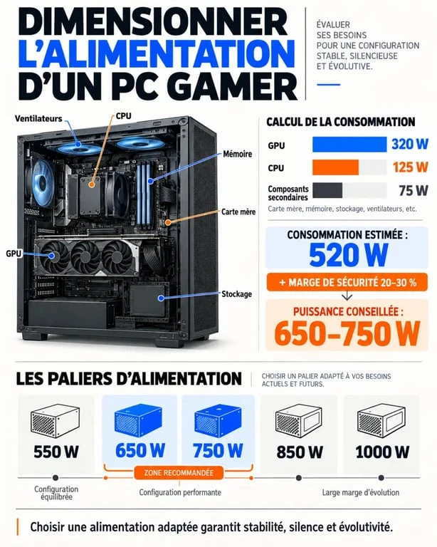 Infographie de dimensionnement d’une alim pour PC gamer selon le GPU, le CPU et la marge de sécurité