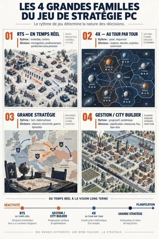 Infographie des jeux de stratégie PC classés par genre et rythme de jeu