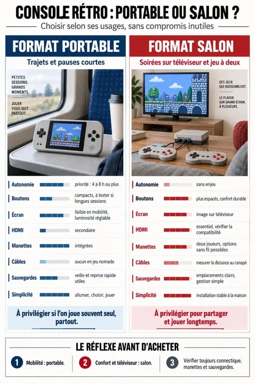 Console retro gamers : infographie pour choisir entre console portable et console de salon