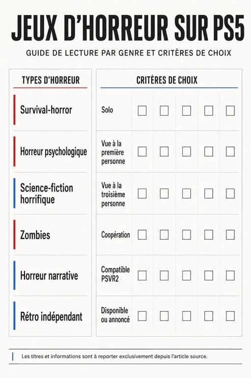Infographie comparative des jeux d’horreur PS5 par genre, vue, mode de jeu et compatibilité PSVR2