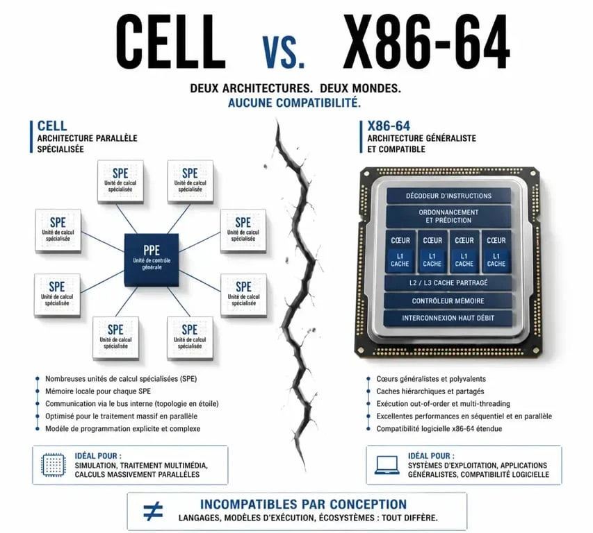 Schéma comparant l'architecture Cell de la PS3 et x86-64 de la PS5 expliquant pourquoi les jeux ps3 sur ps5 ne fonctionnent pas nativement