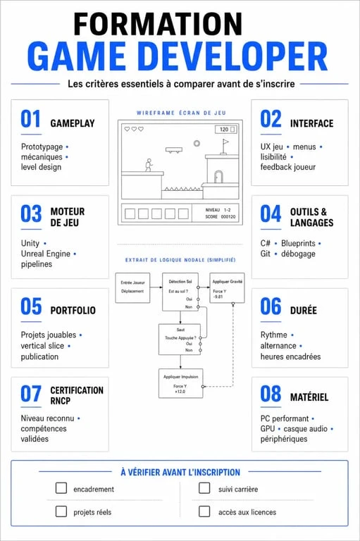 Infographie sur la formation game developer : outils, durée, certification et débouchés