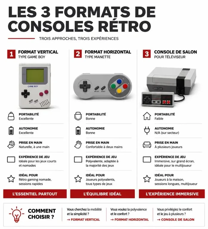 Comparatif des formats de retro gaming device : portable vertical, horizontal et console de salon.