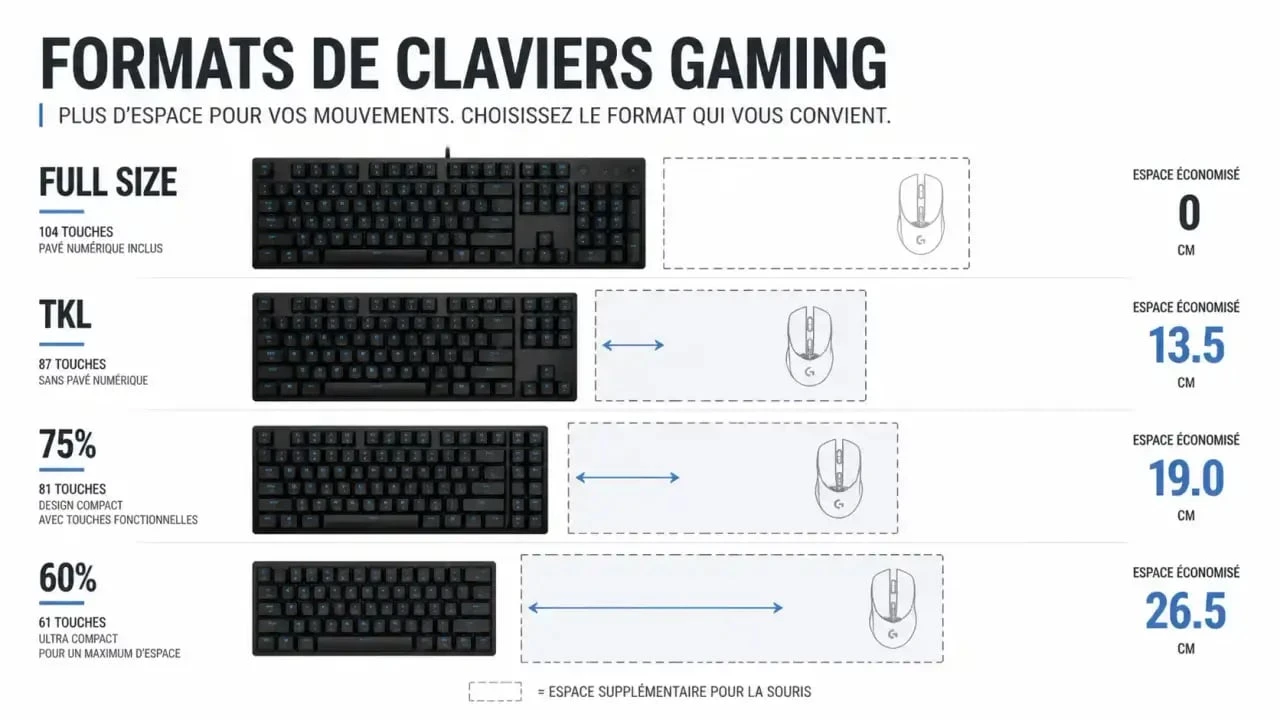 Différents formats de clavier gamer : du Full Size au 60% pour optimiser l'espace souris