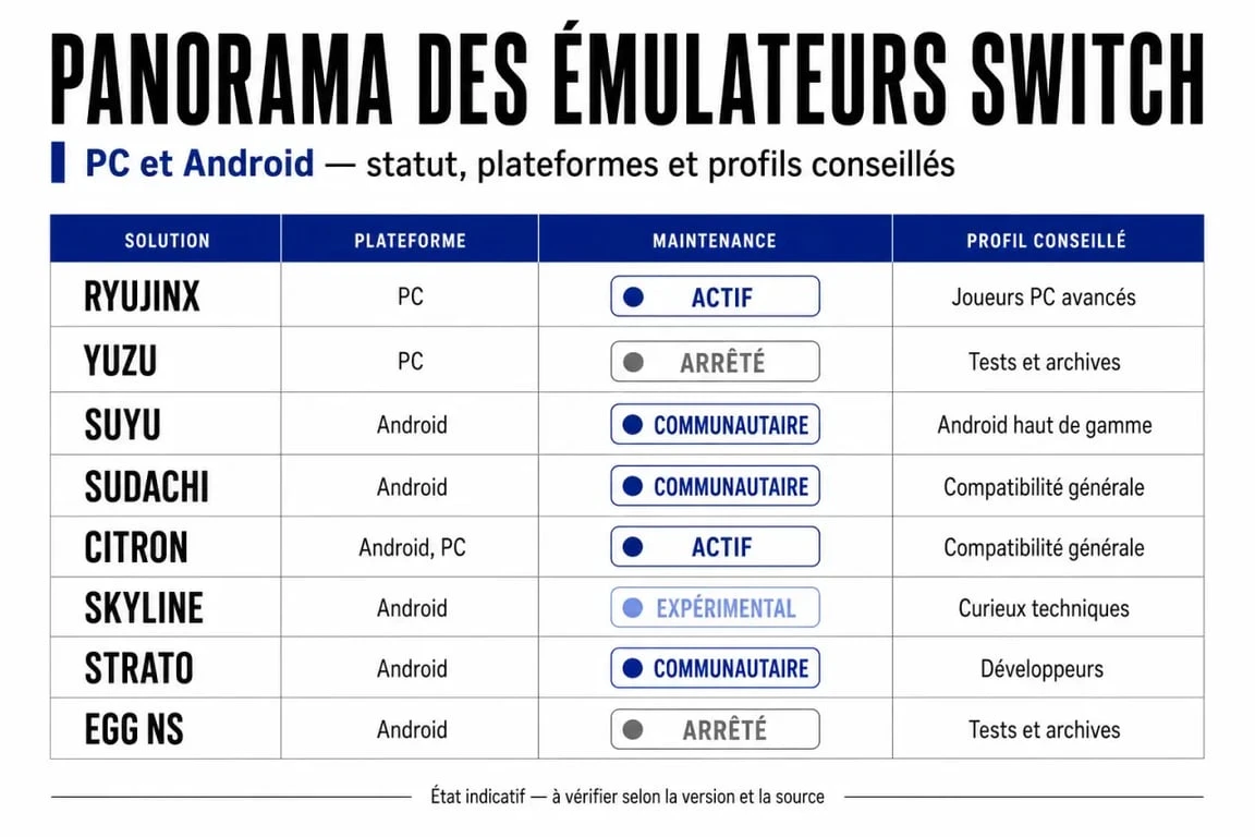 Panorama des emulateurs switch sur PC et Android, avec leur statut et leur profil conseillé