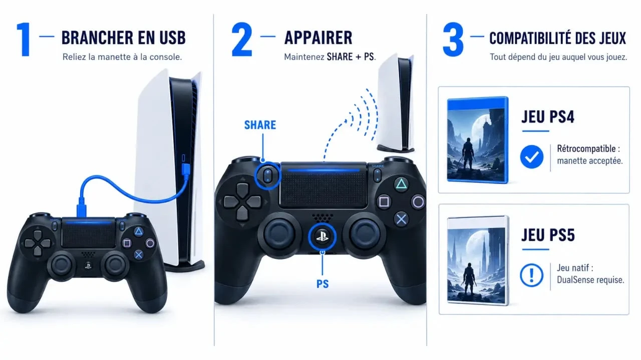 Manette PS4 sur PS5 : connexion USB, appairage Bluetooth et compatibilité avec les jeux PS4