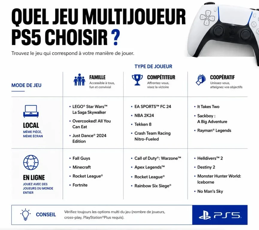 Matrice de sélection des meilleurs jeux multijoueur PS5 selon le profil et le mode de jeu