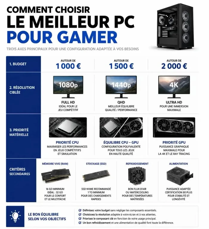 Infographie pour choisir le meilleur PC pour gamer selon le budget, la résolution et les composants