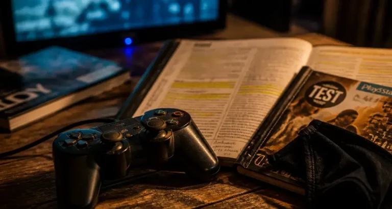 Jeux video test : manette et jaquette sur table, vue rapprochée