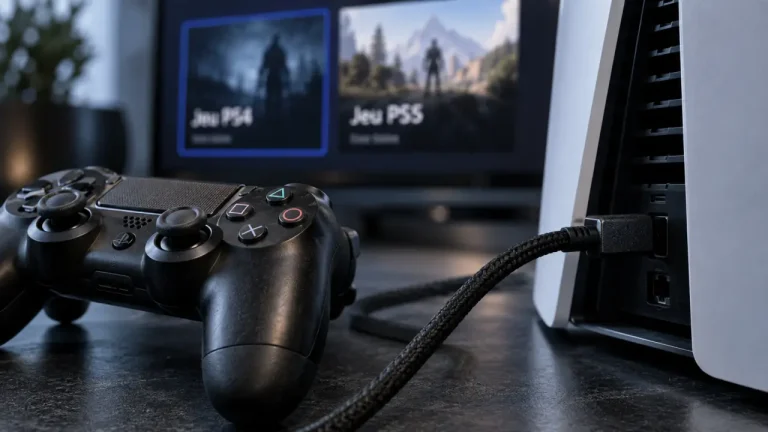 Manette ps4 sur ps5 : câble USB connecté, jeu PS5 natif bloqué