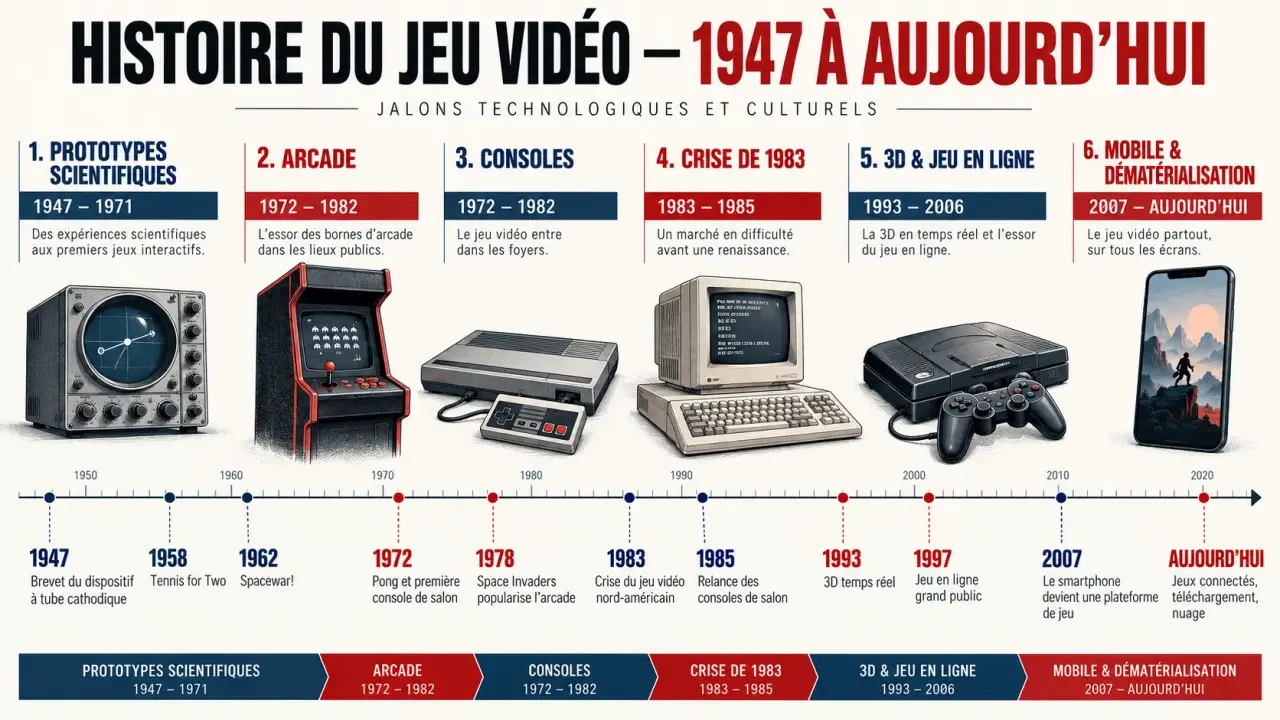 Frise chronologique de l’histoire du jeu vidéo, des premiers prototypes aux jeux mobiles