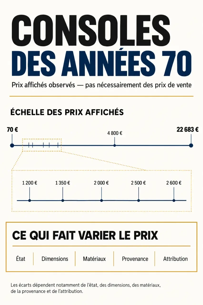 Infographie sur les prix d'une console année 70 selon l'état, les matériaux et l'attribution