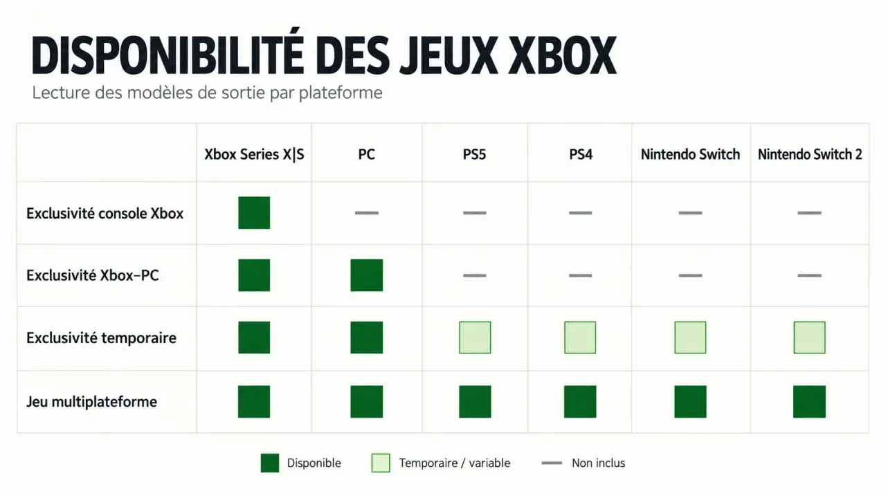 Visuel sur les catégories d’exclusivité Xbox et les plateformes disponibles